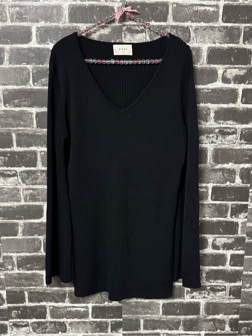 Diish ribbed long sleeve sweater dress black vneck
